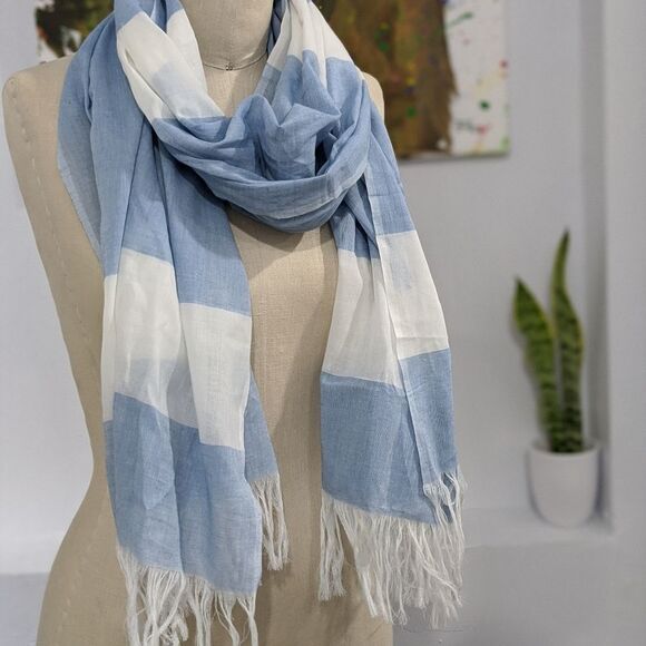 Island Company | Blue and White Fringe Vintage Scarf 100% Cotton - Picture 1 of 13
